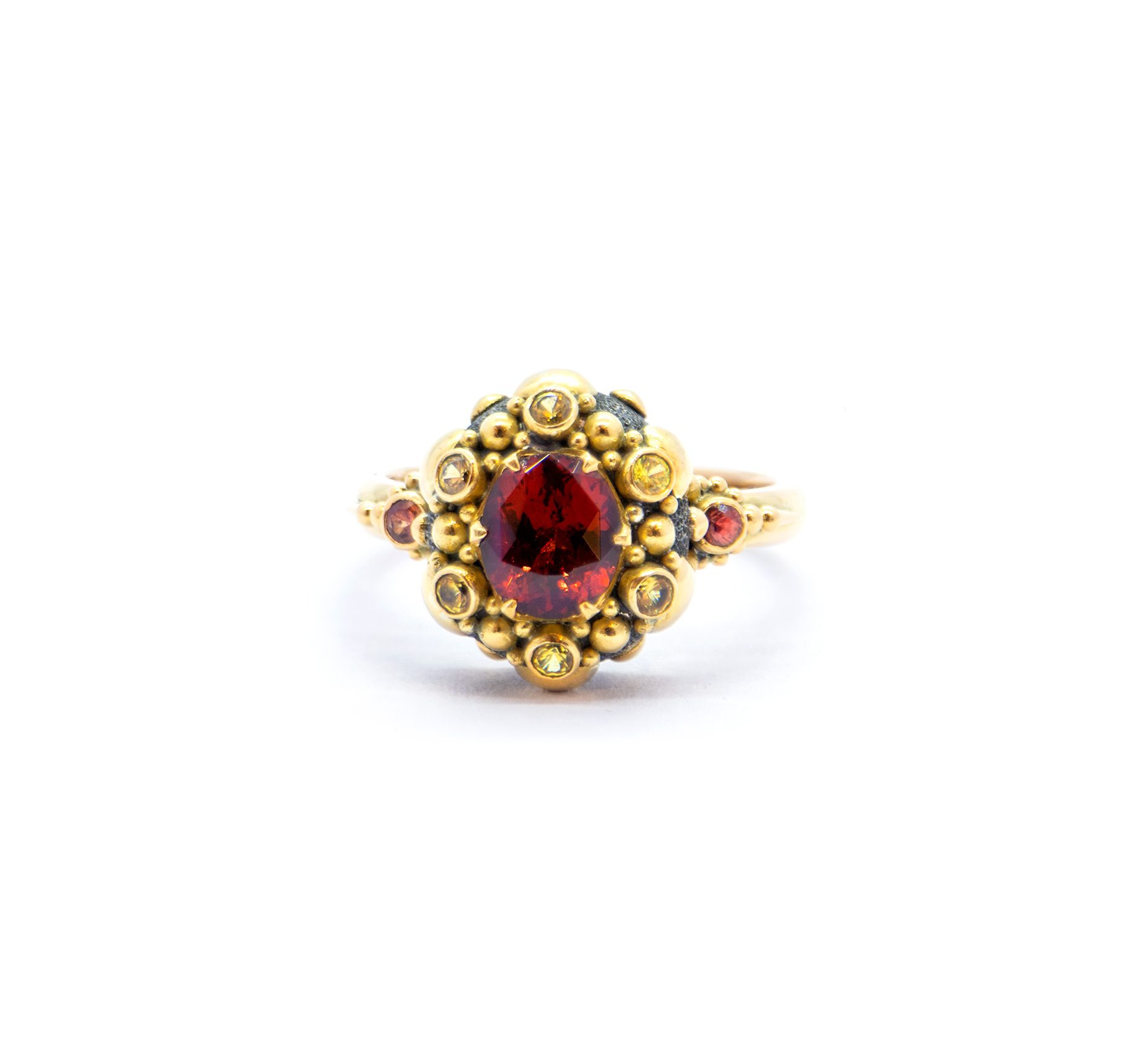 Garnet Seaflower ring with yellow and orange sapphires -SU103