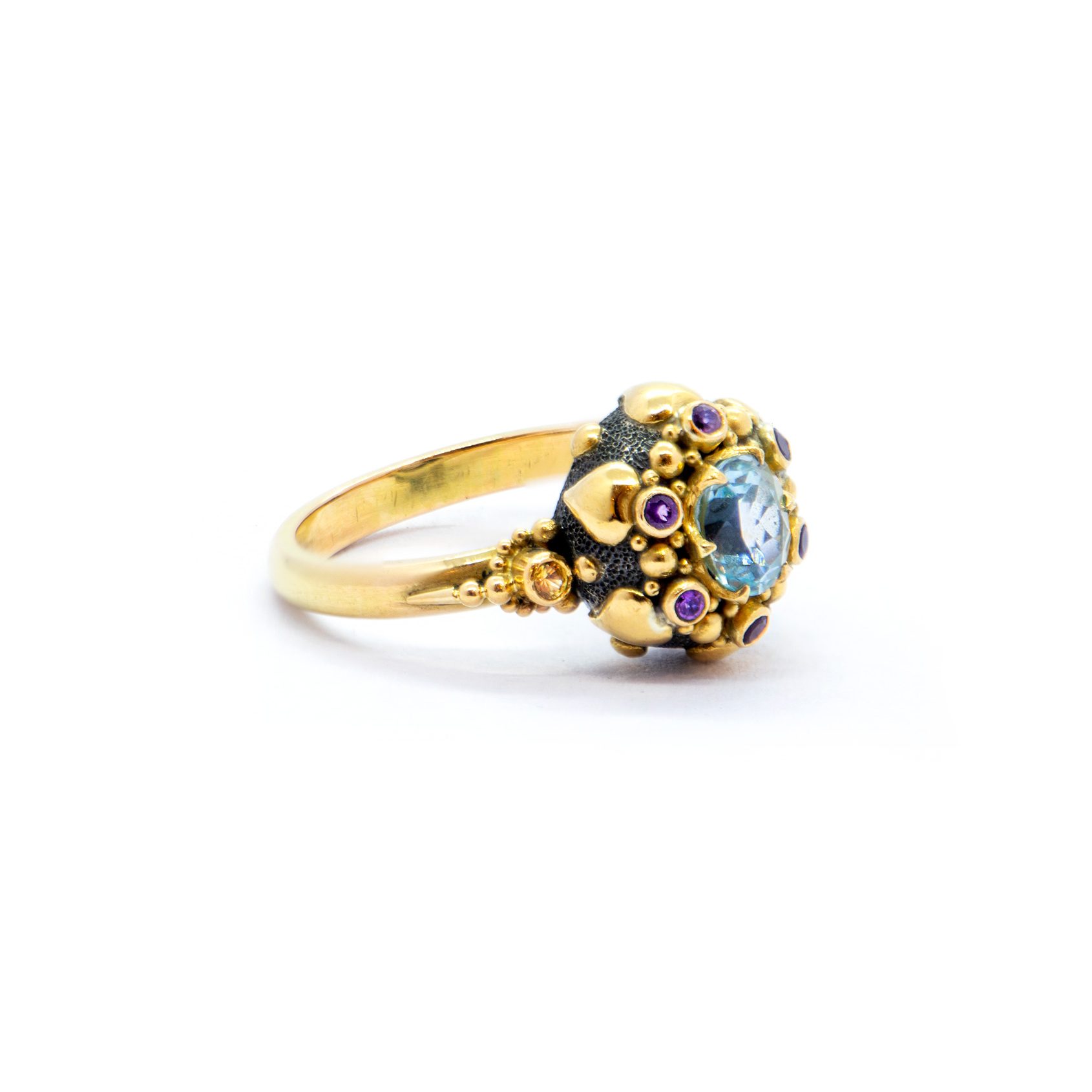 Blue Topaz seaflower ring with amethysts- SU104