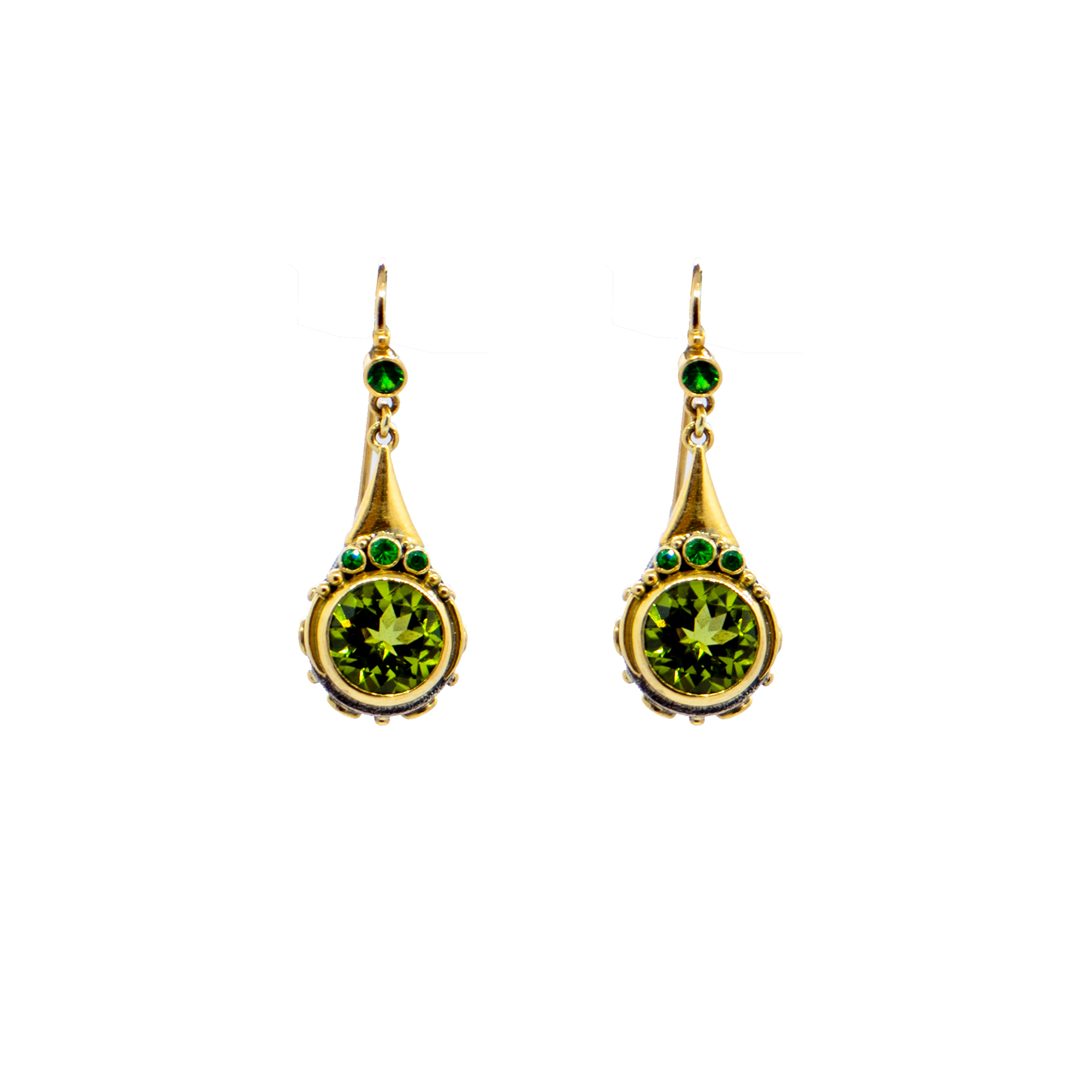 Peridot drop earrings with green Garnets set in 22ct Gold BN187