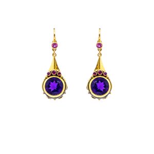 Amethyst Drop earrings with pink tourmaline and pink sapphires set on Gold-Bn188