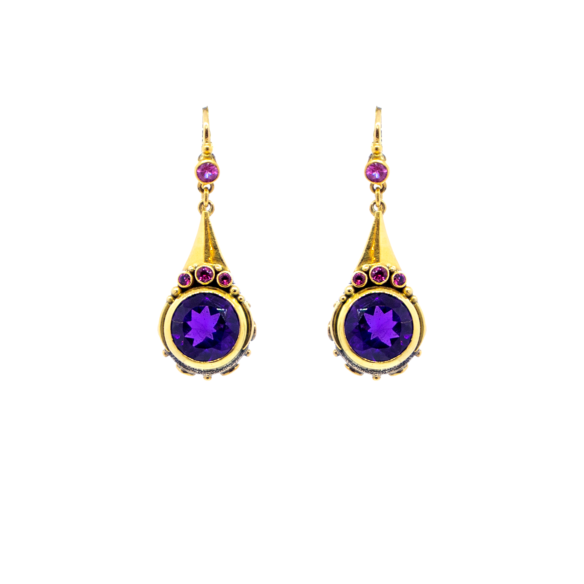 Amethyst Drop earrings with pink tourmaline and pink sapphires set on Gold-Bn188