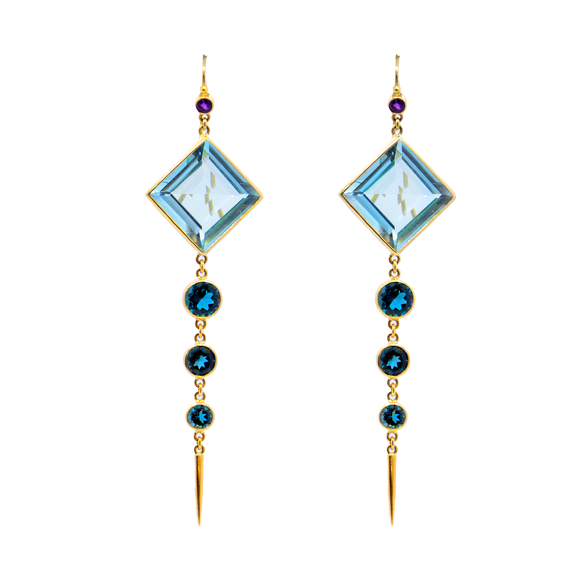 Blue Topaz Luxor earrings with London Blue Topaz and Amethyst set in Gold-BN194