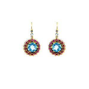 Blue topaz chalice earrings with Rubies and Aquamarine set in Gold-BN23