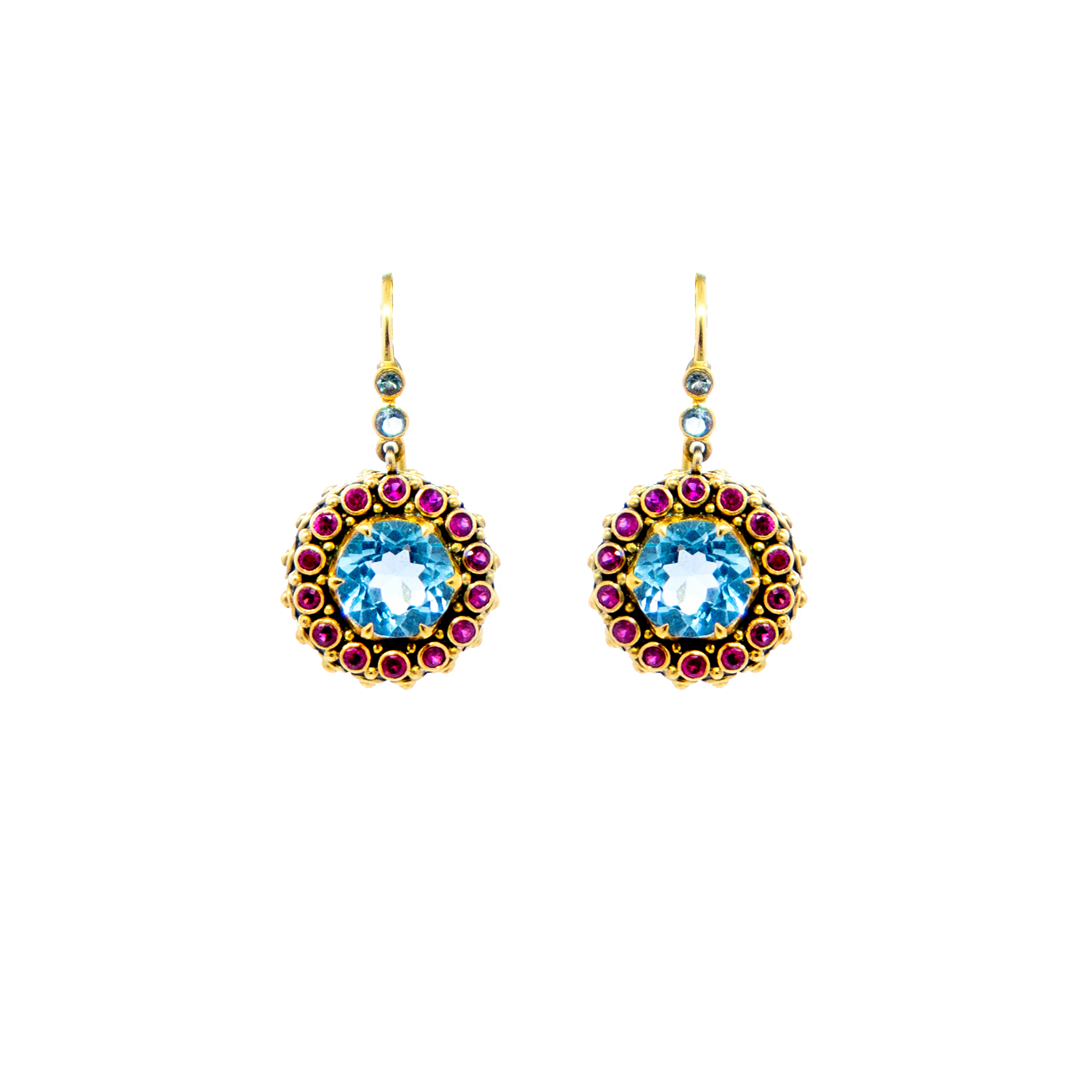 Blue topaz chalice earrings with Rubies and Aquamarine set in Gold-BN23