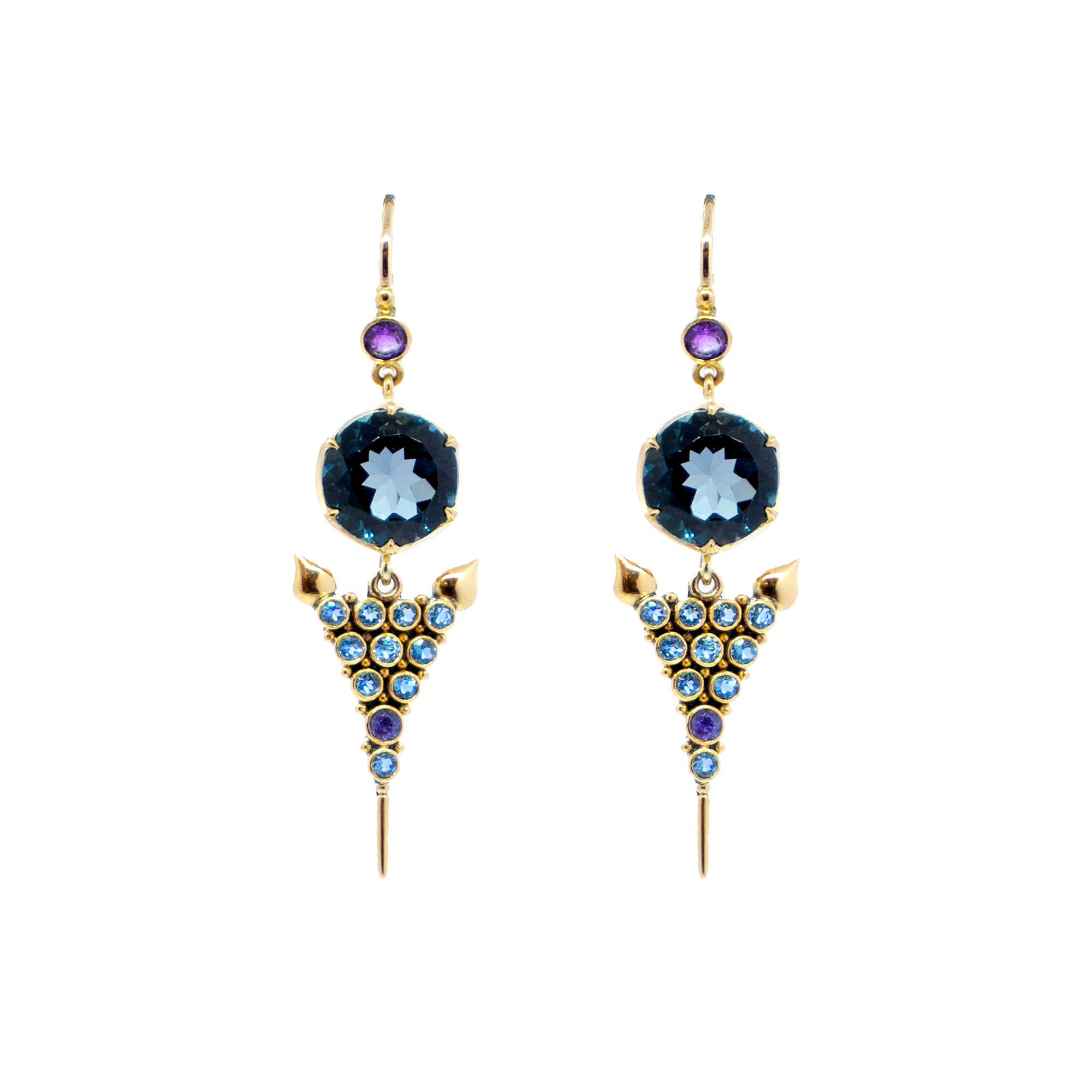 Blue topaz Agni earrings with aquamarines set in 22ct gold BN245