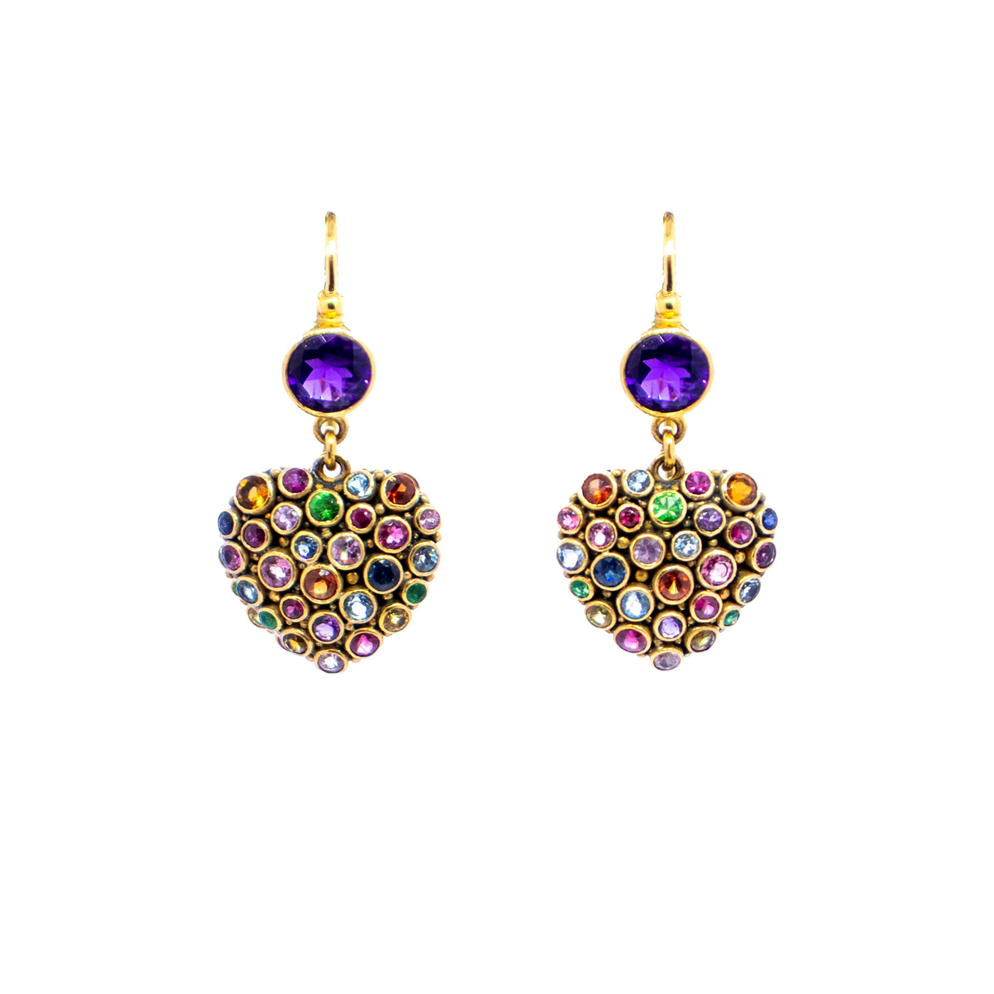 Amethyst with multi stones Heart earrings set in Gold-Bn43