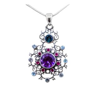 Amethyst Jali Pendant with Topaz and Tourmalines, Sterling Silver -Bn198