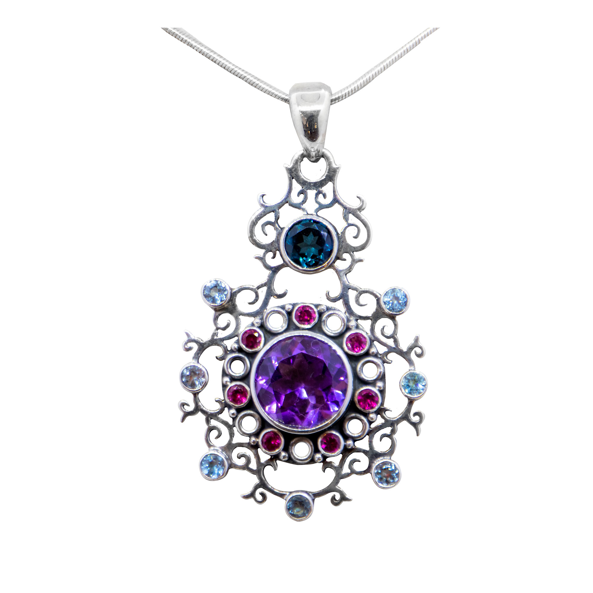 Amethyst Jali Pendant with Topaz and Tourmalines, Sterling Silver -Bn198