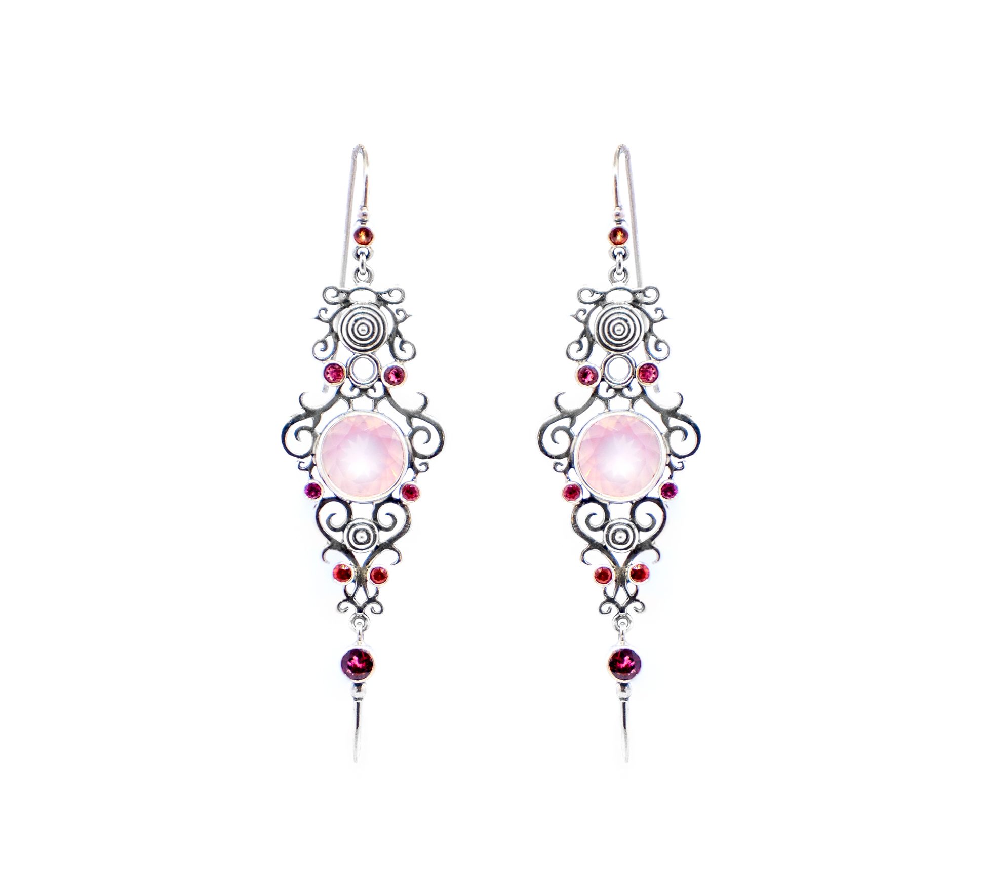 Rosequartz Jali earring with Tourmalines and Sapphires set in silver -Bn200
