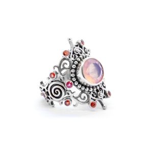 Rosequartz Jali ring with tourmalines and sapphires, Sterling Silver-BN201