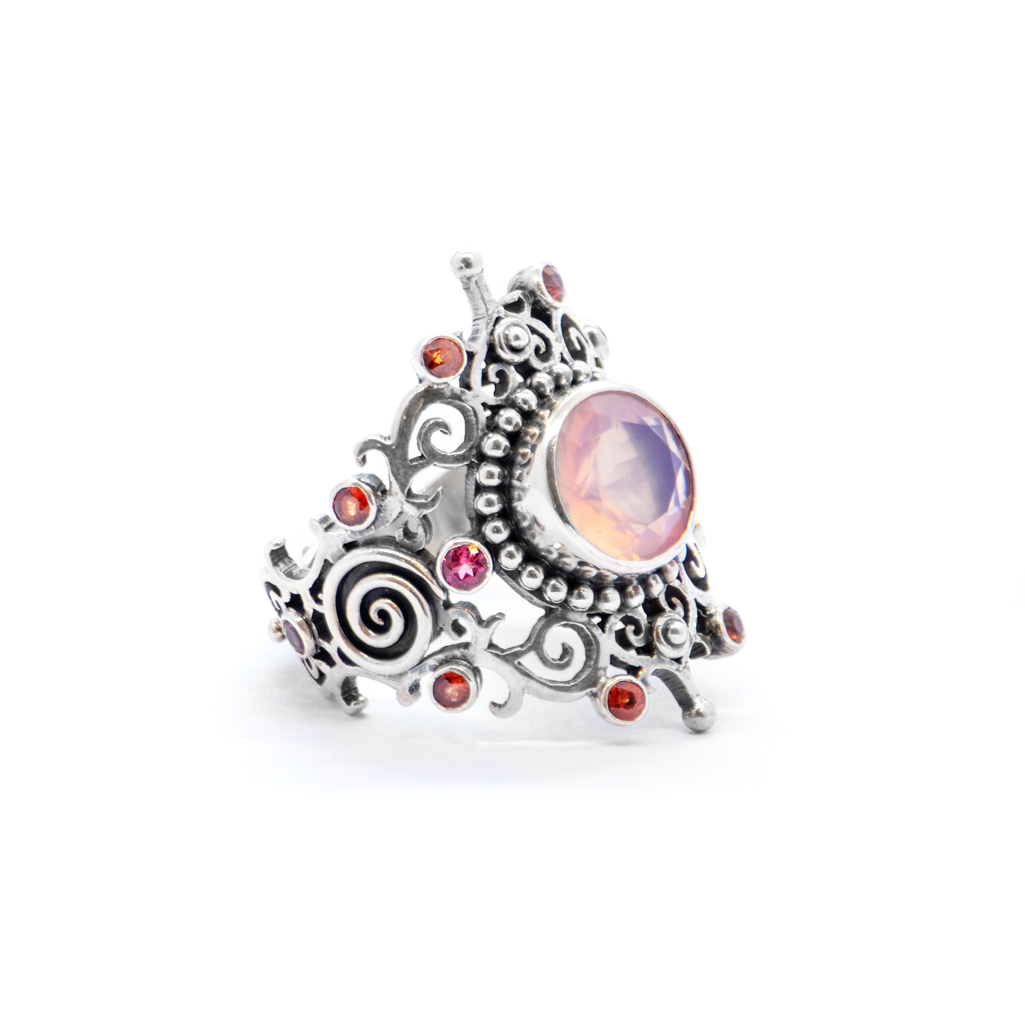 Rosequartz Jali ring with tourmalines and sapphires, Sterling Silver-BN201