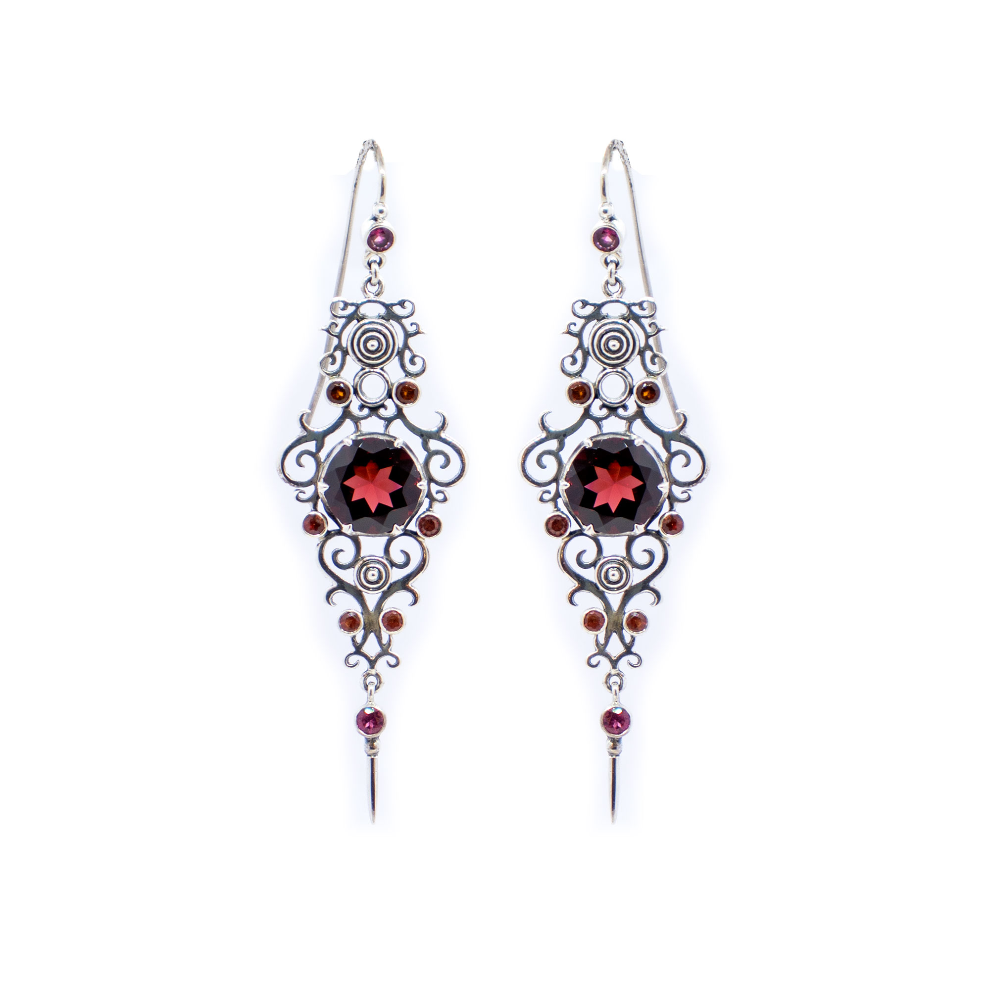 Garnet Jali earrings with Tourmalines and Sapphires set in Silver -Bn202