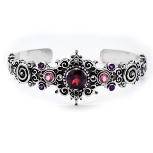 Garnet jali bangle with Pink Tourmalines, Sterling Silver-Bn203