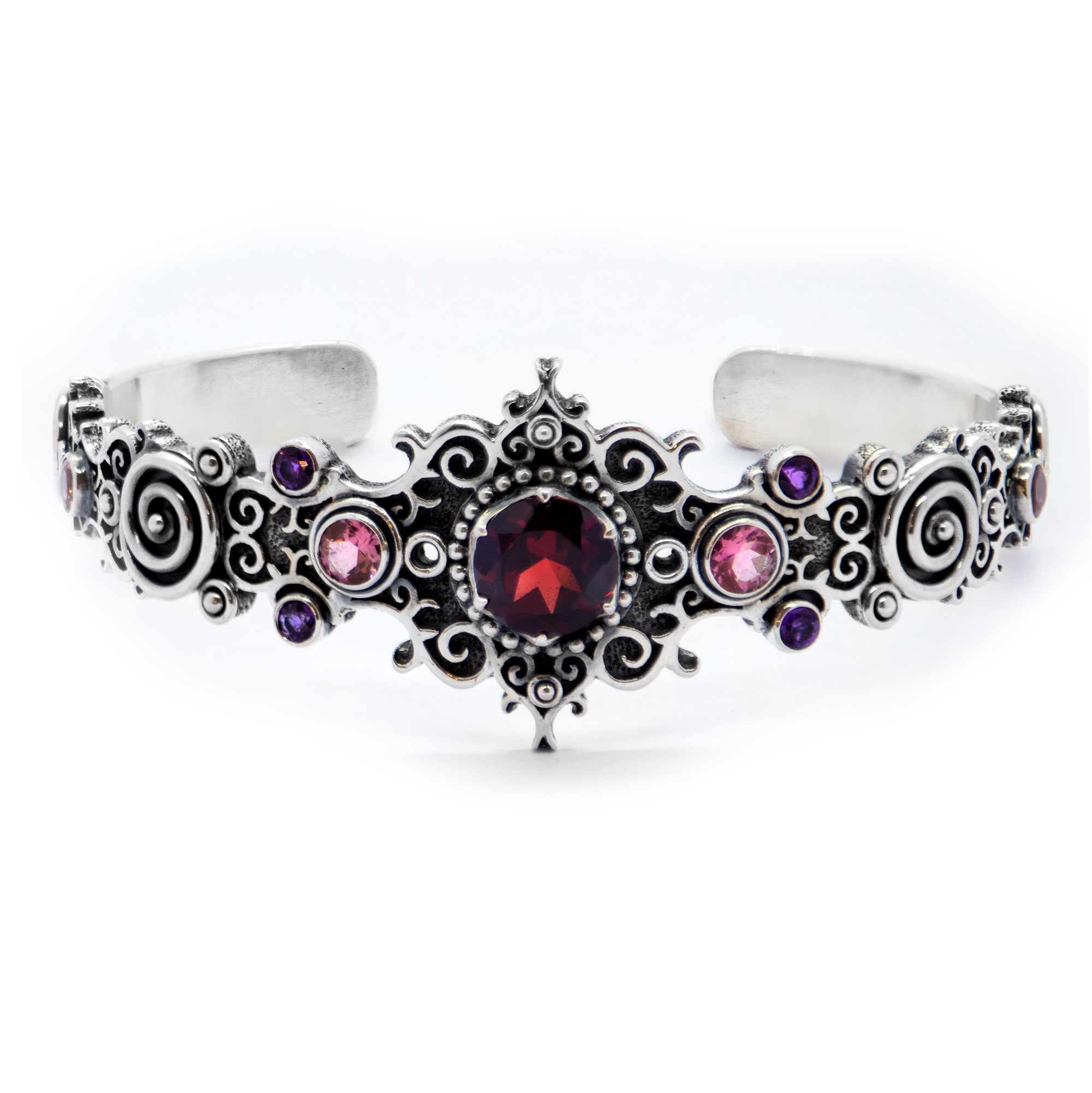 Garnet jali bangle with Pink Tourmalines, Sterling Silver-Bn203