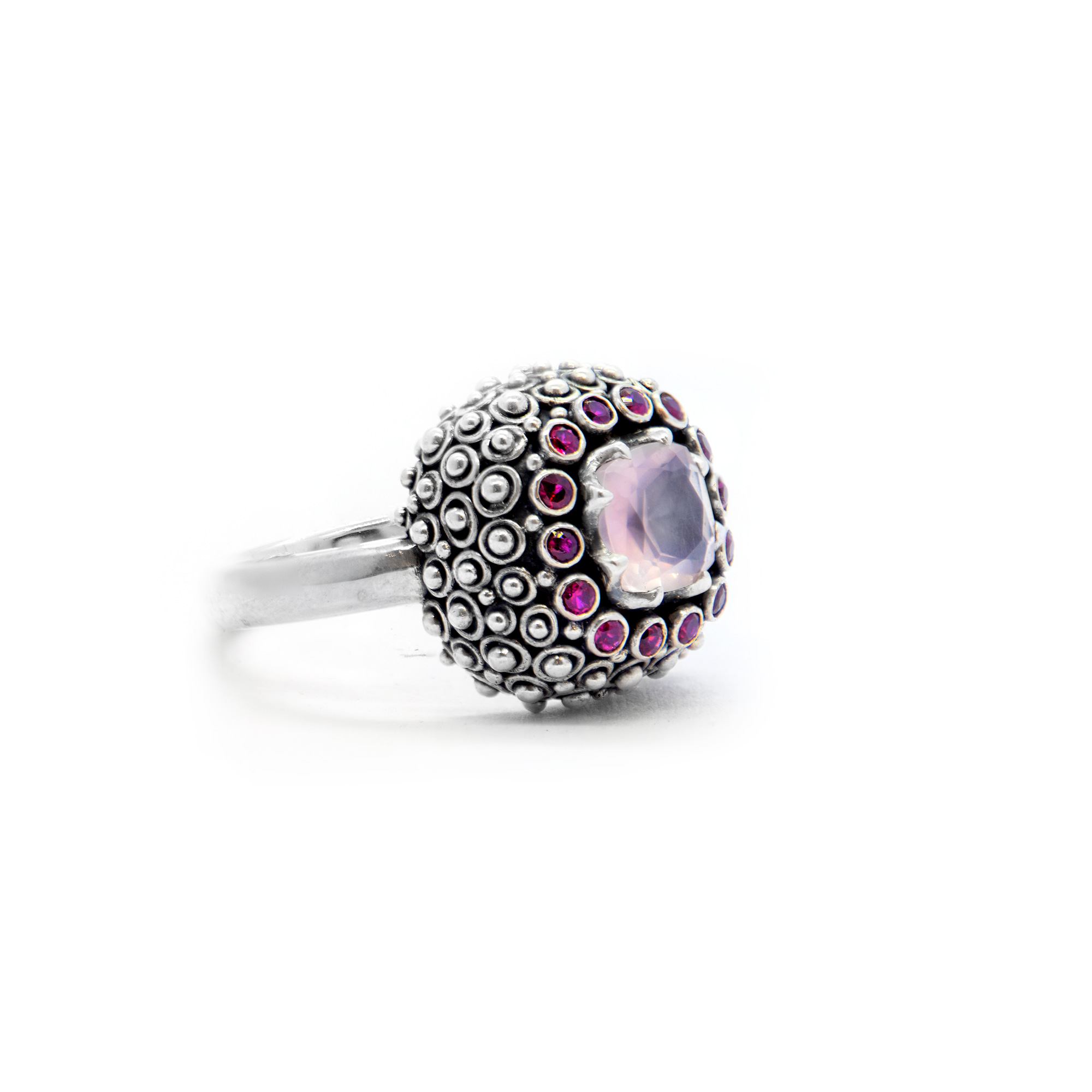 Rosequartz Mystic ring with Rubies, Sterling silver -Bn225