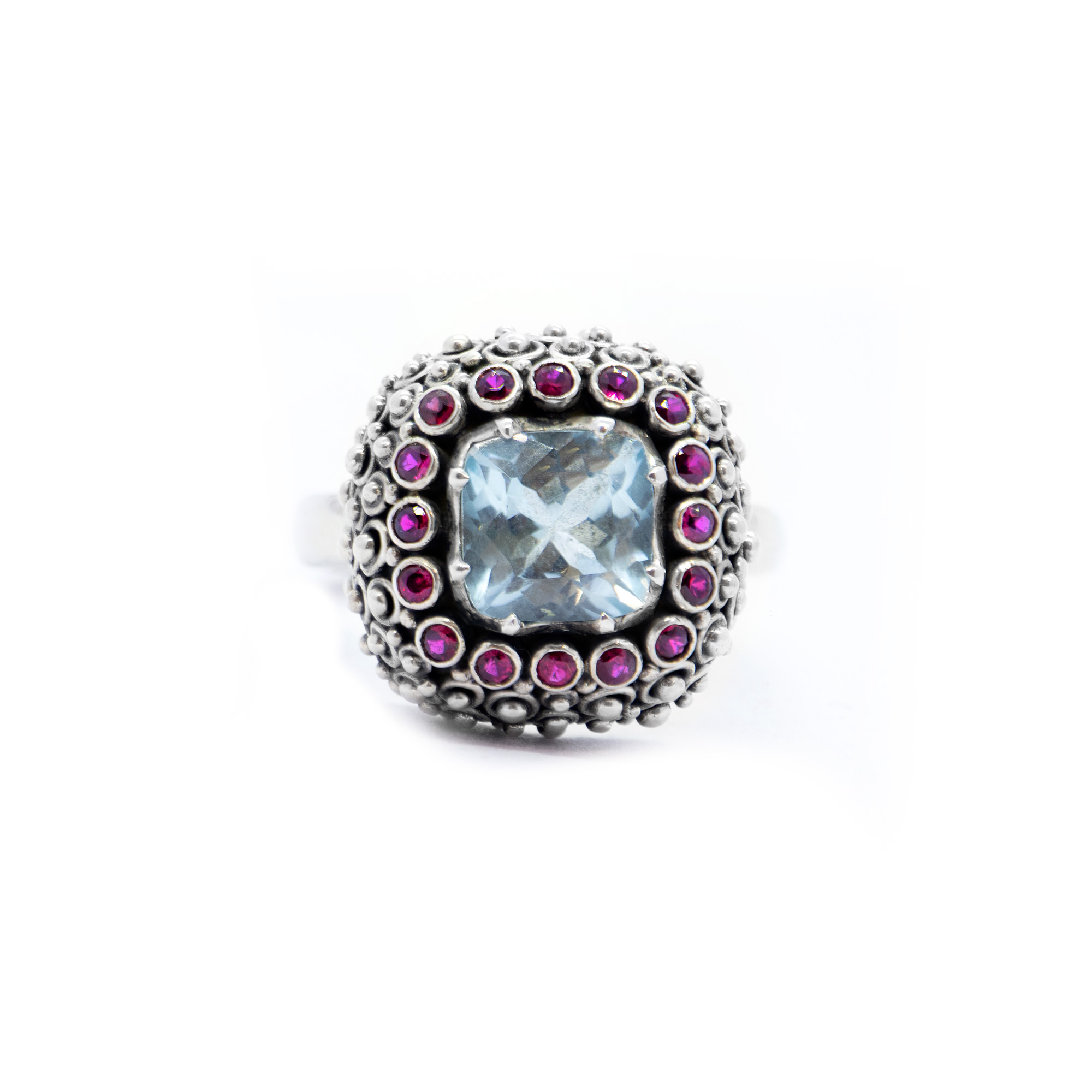 Blue topaz Mystic ring with Rubies, Sterling Silver-Bn227
