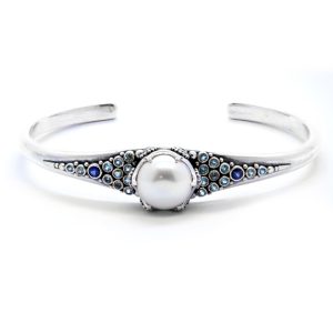 Pearl bangle with blue sapphires and topaz, Sterling Silver-Dhb303