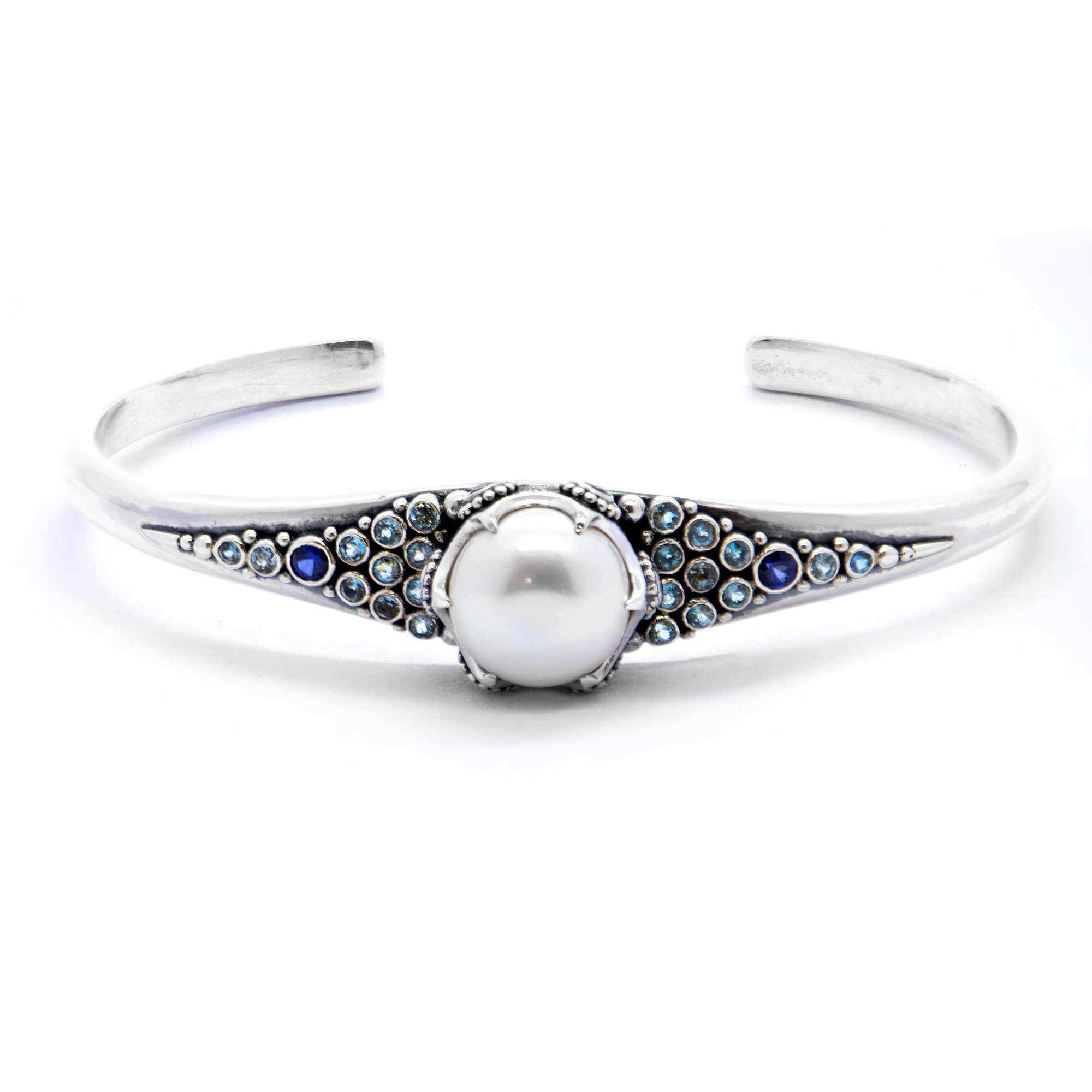 Pearl bangle with blue sapphires and topaz, Sterling Silver-Dhb303