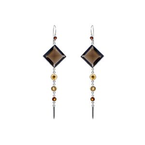 Smokey Quartz Luxor earrings with citrines , sterling silver-Su111