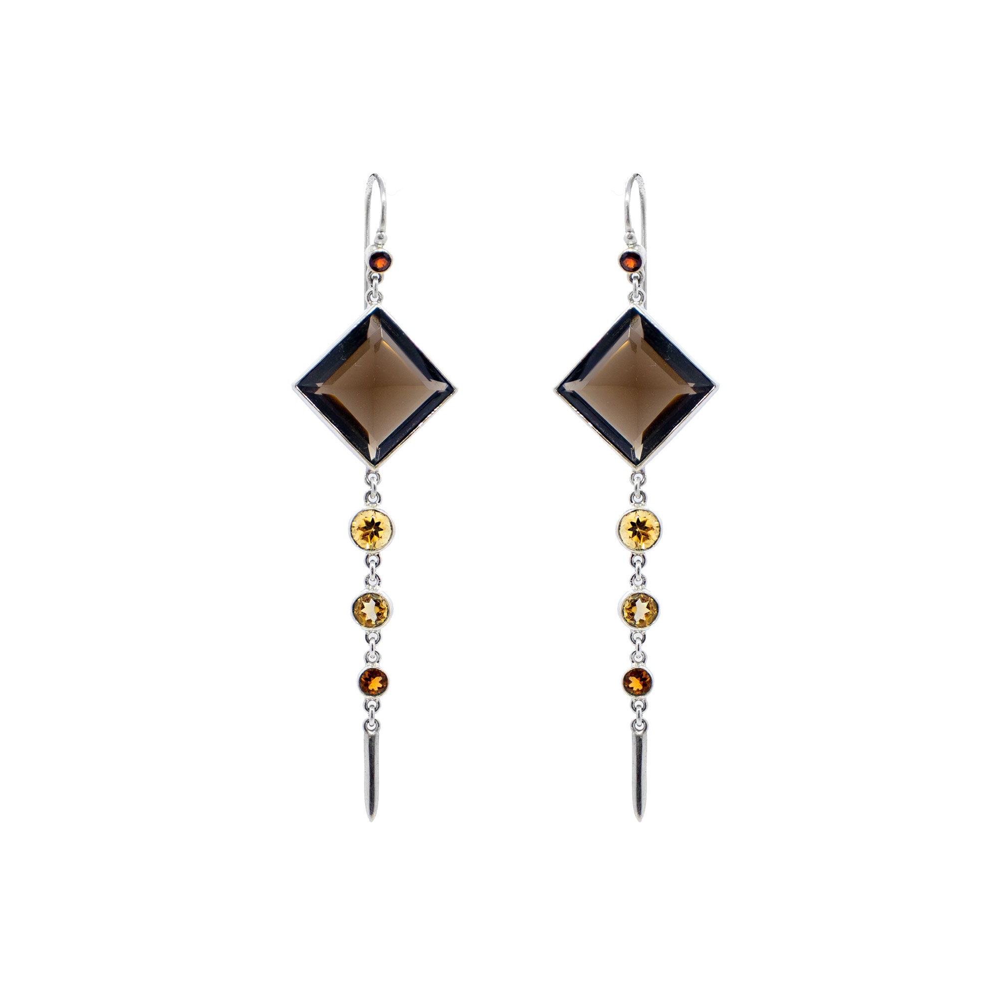 Smokey Quartz Luxor earrings with citrines , sterling silver-Su111
