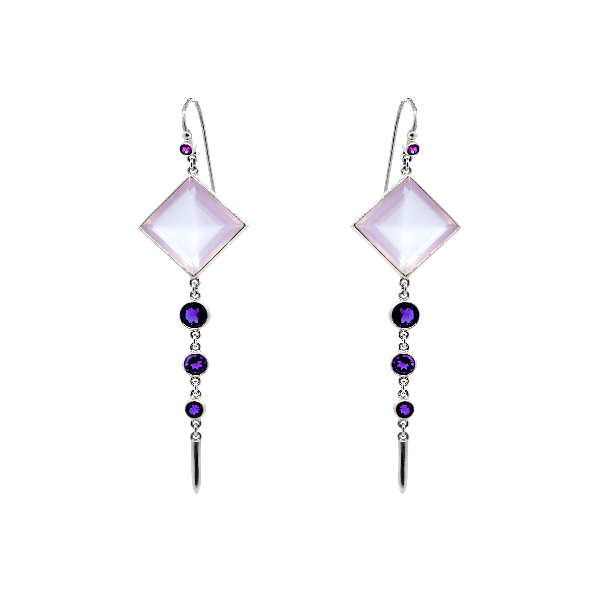 Luxor Earrings. Rosequartz with Amethysts, sterling silver -Su112