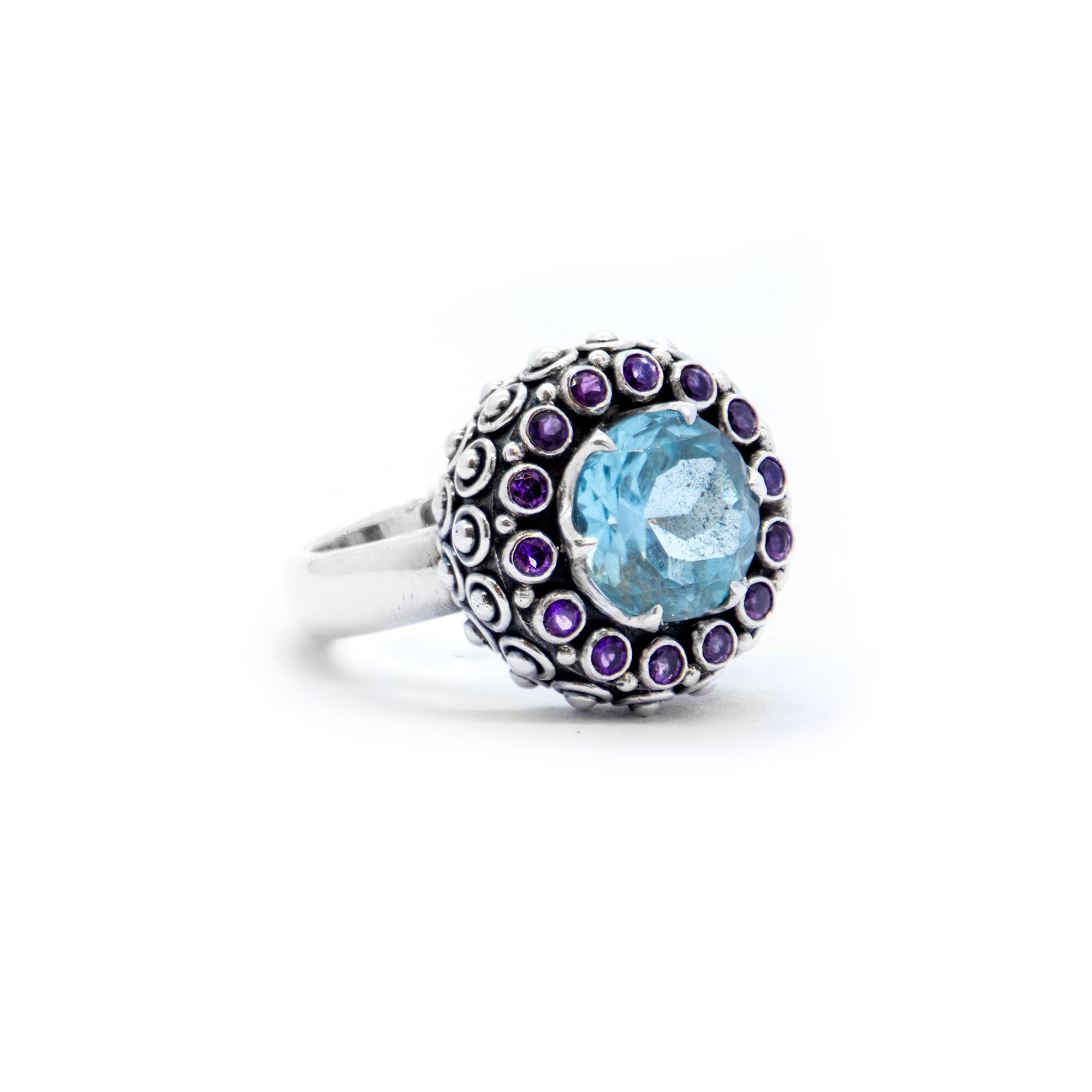 Blue Topaz Chalice Ring with Amethysts, Sterling Silver-Su128